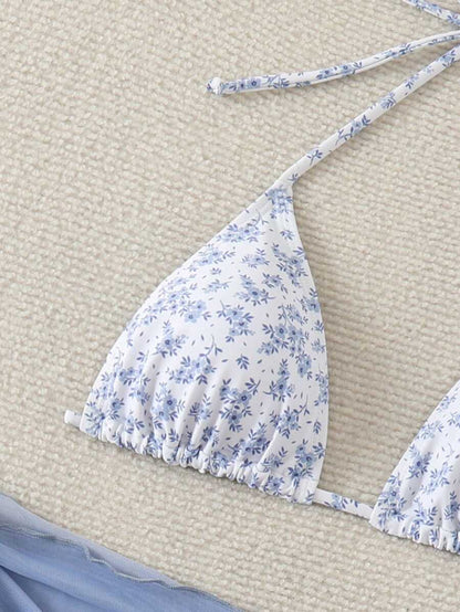 Women's 3-Piece Shell Print Bikini Set - V-Neck Halter, Triangle, Side Tie Skirt, Multicolor