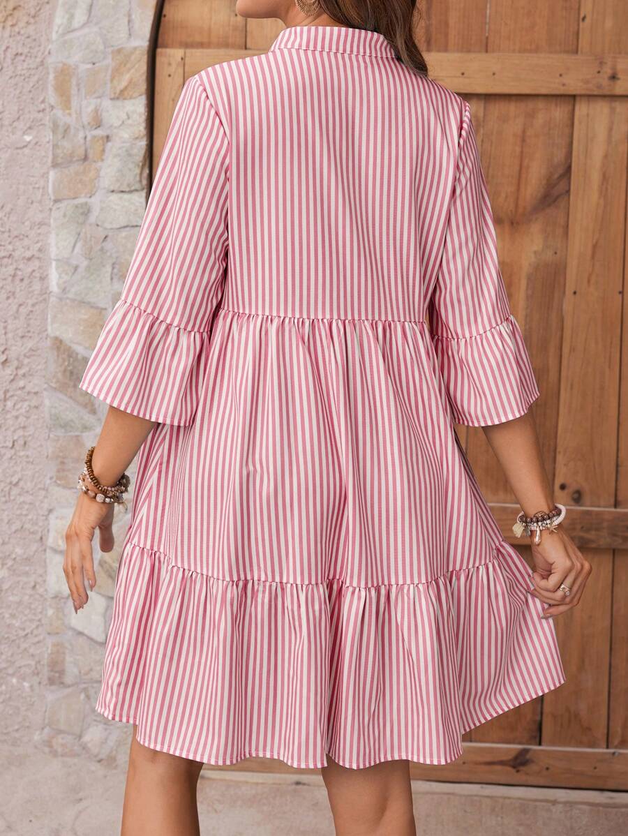 Maternity Striped Smock Dress - Notched Neck, Flounce Sleeve, High Waist, Navy Blue