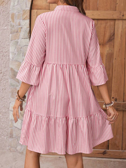 Maternity Striped Smock Dress - Notched Neck, Flounce Sleeve, High Waist, Navy Blue