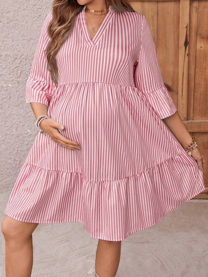 Maternity Striped Smock Dress - Notched Neck, Flounce Sleeve, High Waist, Navy Blue