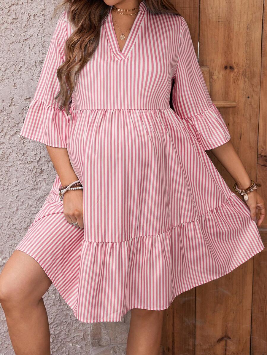 Maternity Striped Smock Dress - Notched Neck, Flounce Sleeve, High Waist, Navy Blue