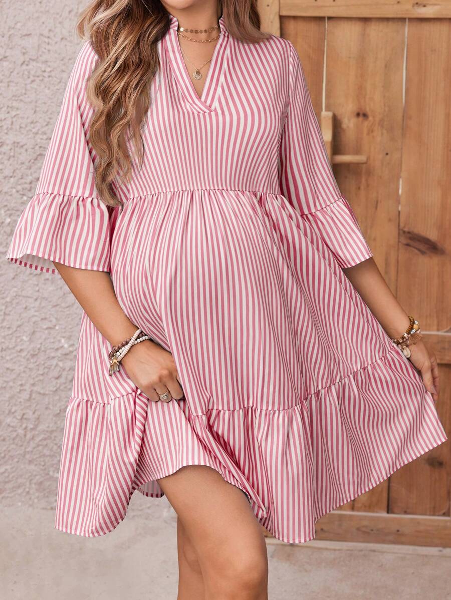 Maternity Striped Smock Dress - Notched Neck, Flounce Sleeve, High Waist, Navy Blue