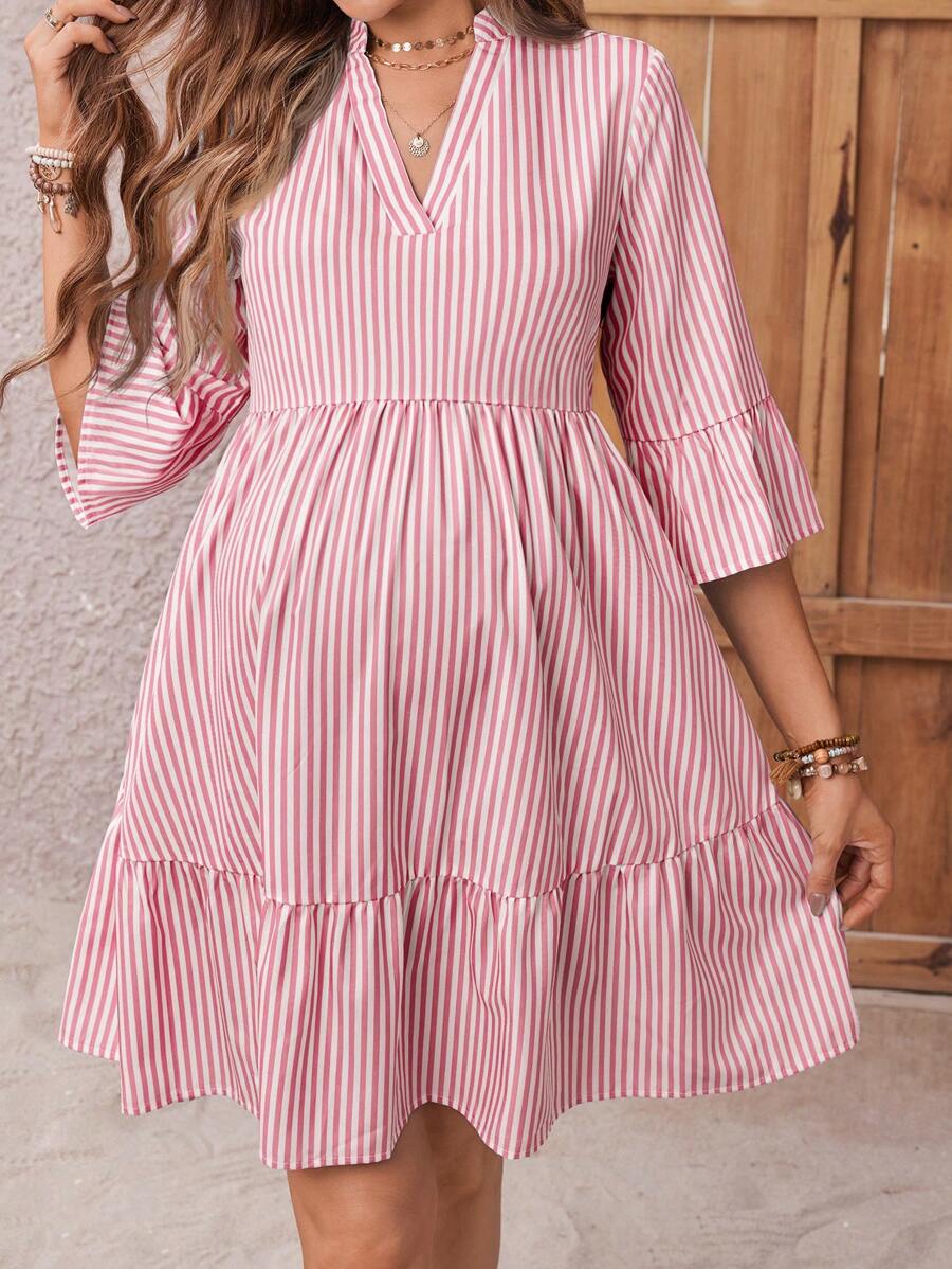Maternity Striped Smock Dress - Notched Neck, Flounce Sleeve, High Waist, Navy Blue
