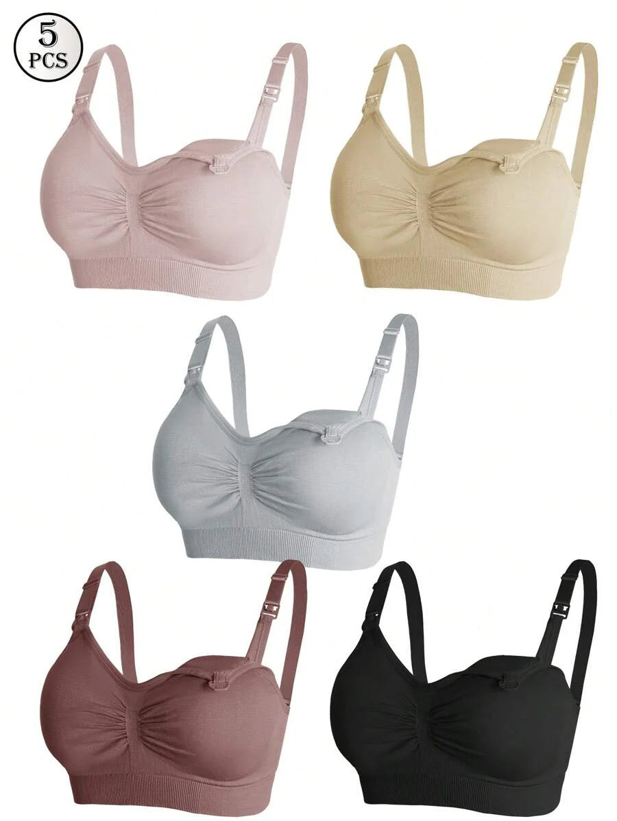 Maternity Nursing Bra Set 5 Pack - Nylon Seamless Front Clasp Wireless Breastfeeding, Pregnancy