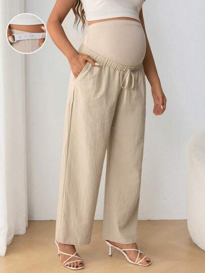 Maternity Belly Support Straight Leg Pants - Drawstring, Ultra High Waist, Apricot