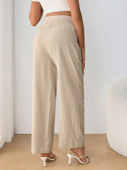 Maternity Belly Support Pants - Drawstring Bowknot, Straight Leg, Ultra High Waist, Black