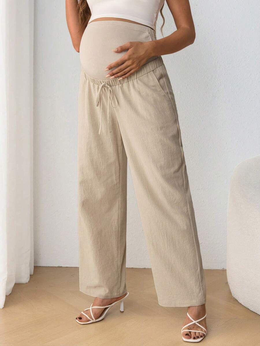 Maternity Belly Support Pants - Drawstring Bowknot, Straight Leg, Ultra High Waist, Black