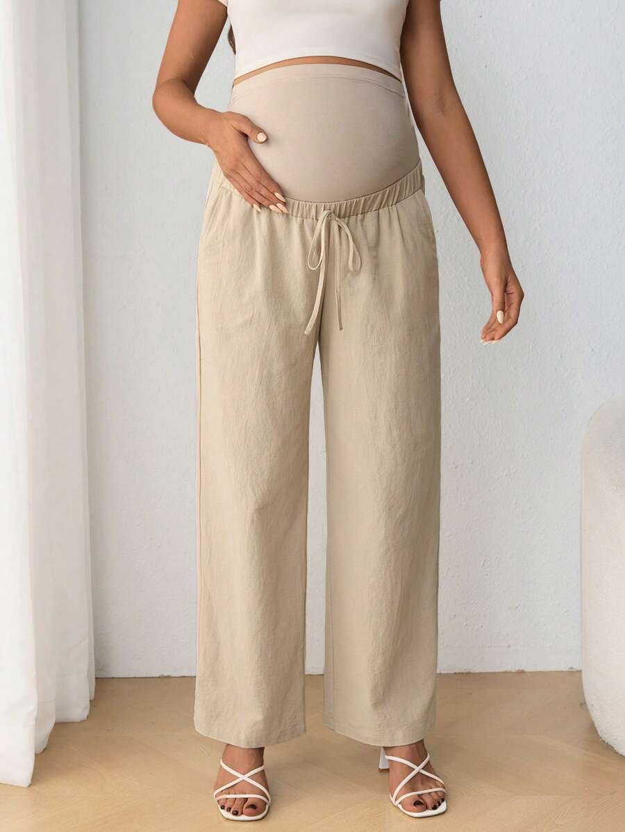 Maternity Belly Support Straight Leg Pants - Drawstring, Ultra High Waist, Apricot