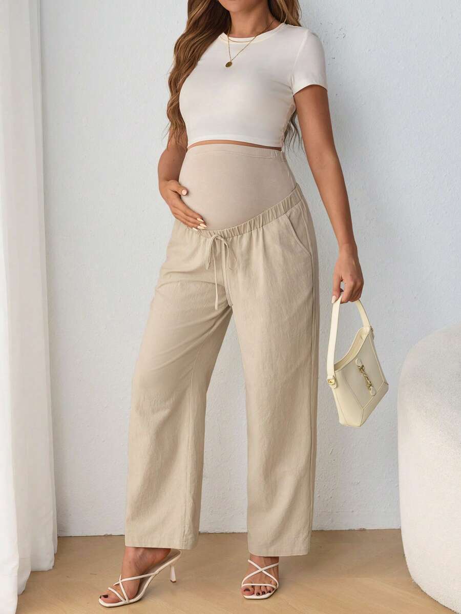 Maternity Belly Support Straight Leg Pants - Drawstring, Ultra High Waist, Apricot
