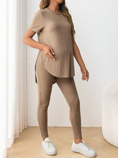 Navy Blue Maternity 2-Piece Set with Side Slit Short Sleeve Tee and Adjustable Waist Loose Legging Pants