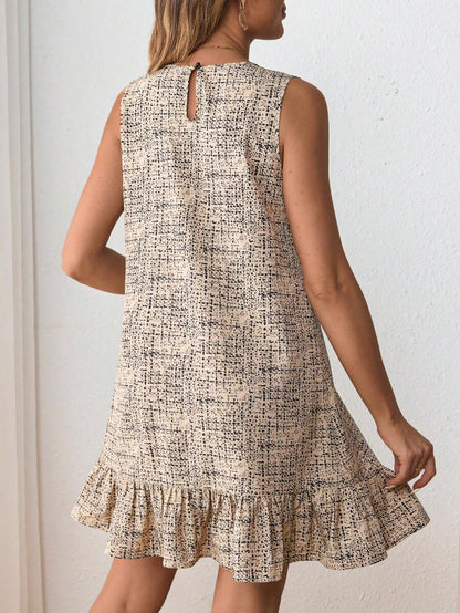 Maternity Casual Round Neck Sleeveless Ruffle Hem Short Smock Dress in Khaki Print for Summer Daily Wear