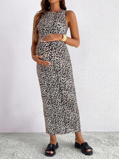 Maternity Leopard Print Sleeveless Round Neck Maxi Tank Dress with Side Split and Medium Stretch Knitted Fabric