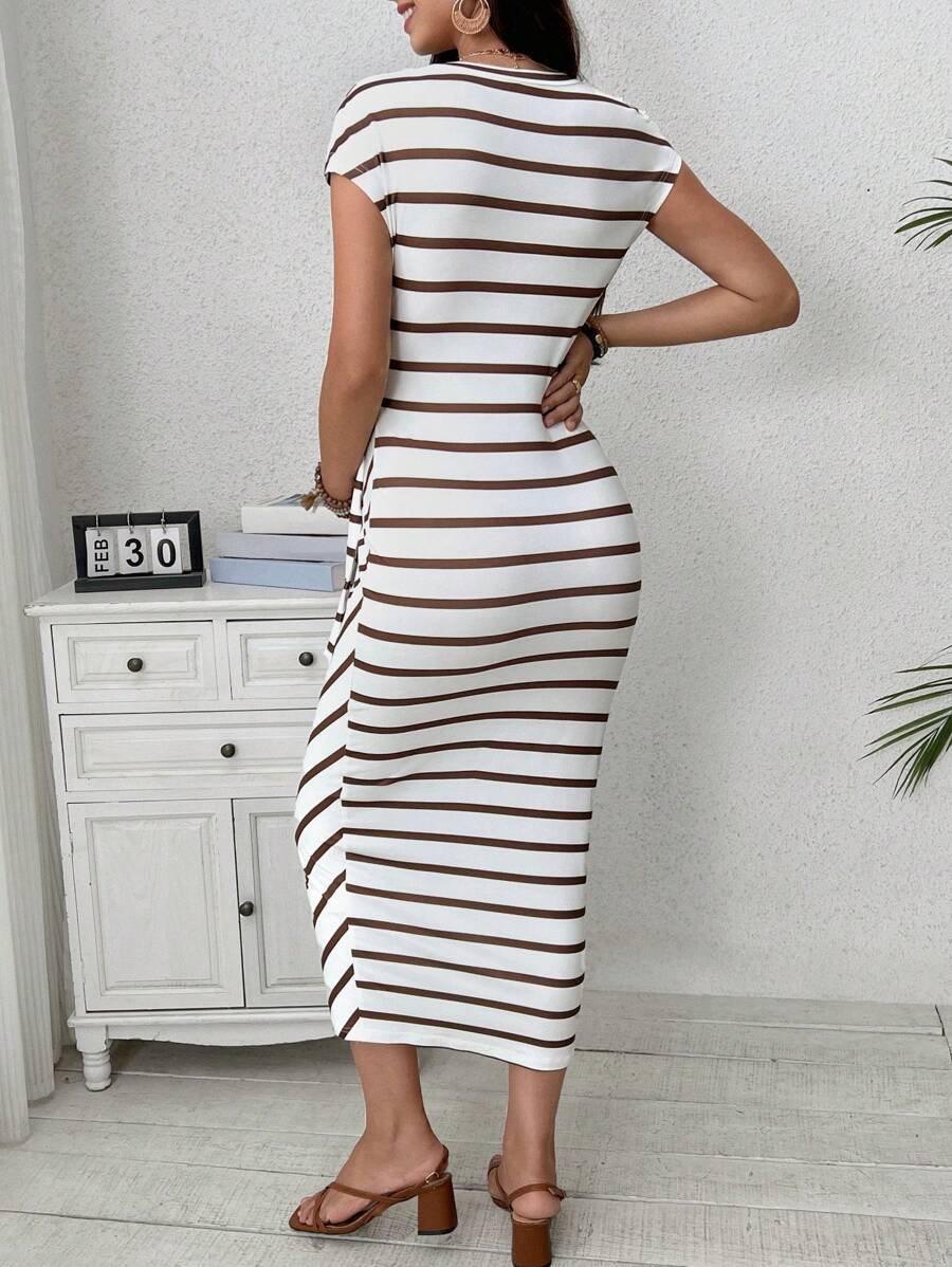 Maternity Striped Cap Sleeve Midi Dress with Side Tie Waist Elegant Round Neck Knitted Pregnancy Bodycon Dress for Daily Wear