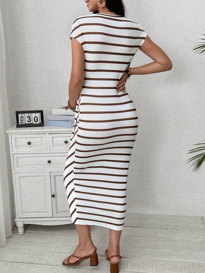 Maternity Striped Cap Sleeve Midi Dress with Side Tie Waist Elegant Round Neck Knitted Pregnancy Bodycon Dress for Daily Wear