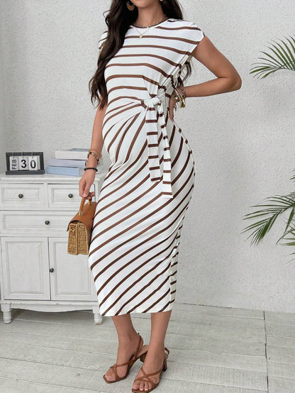 Maternity Striped Cap Sleeve Midi Dress with Side Tie Waist Elegant Round Neck Knitted Pregnancy Bodycon Dress for Daily Wear