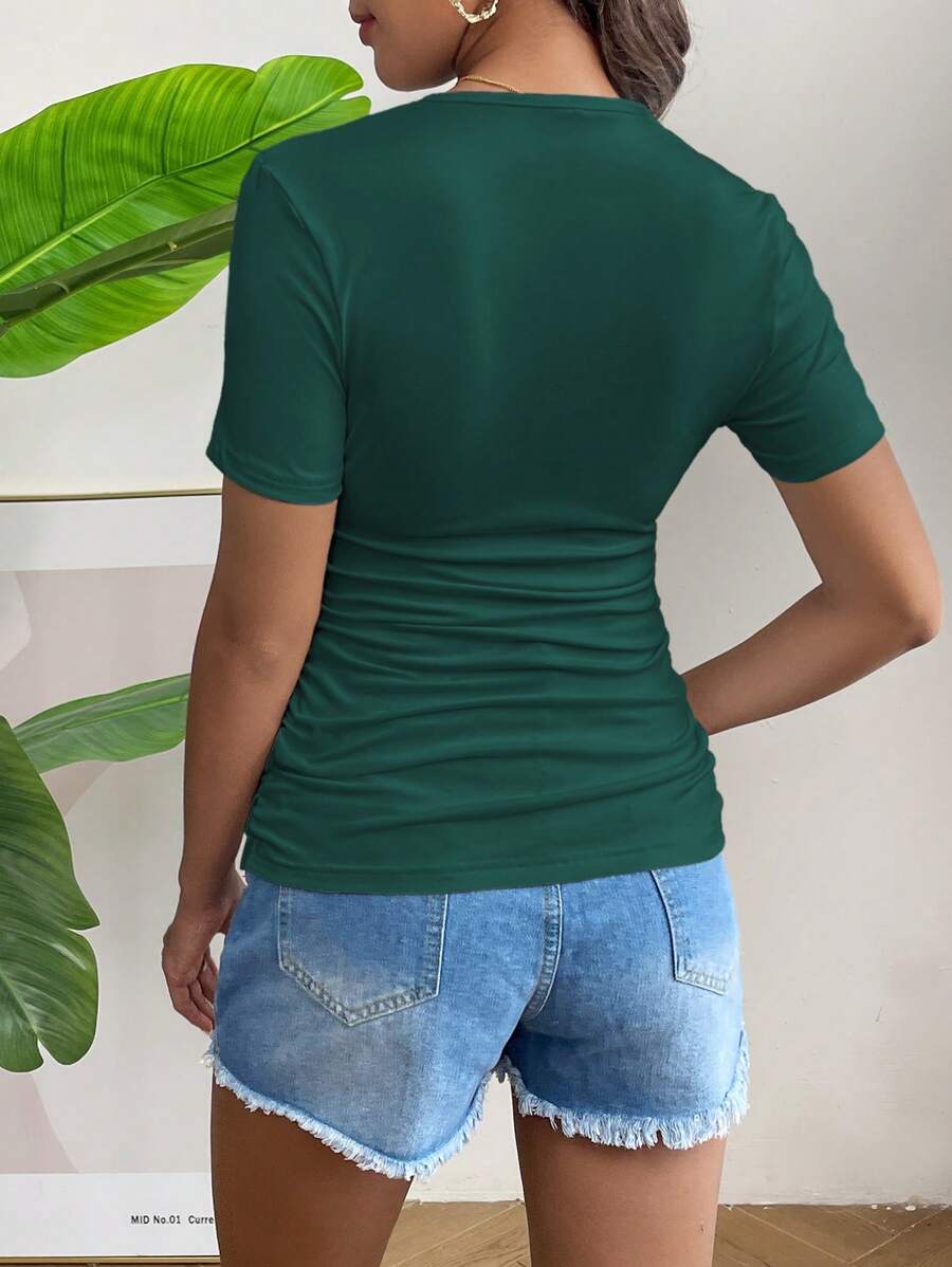 Maternity Round Neck Short Sleeve T-Shirt - Ruched, Slim Fit, White