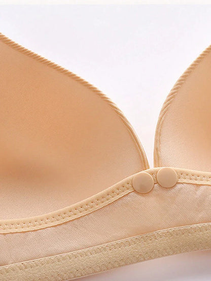 Maternity Front-Closure Nursing Bra with Adjustable Straps and Lace Trim - Comfy Wireless Nursing Bralette in Apricot