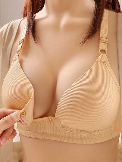 Maternity Front-Closure Nursing Bra with Adjustable Straps and Lace Trim - Comfy Wireless Nursing Bralette in Apricot