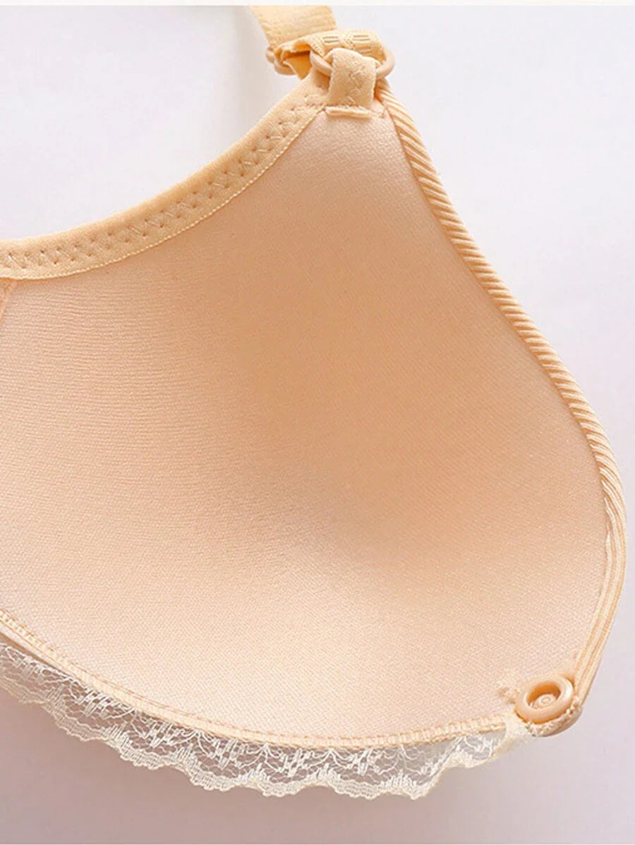 Maternity Front-Closure Nursing Bra with Adjustable Straps and Lace Trim - Comfy Wireless Nursing Bralette in Apricot