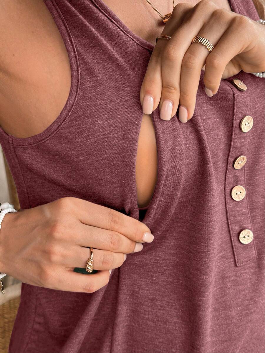 Maternity Solid Color Scoop Neck Sleeveless Nursing Top - Casual Summer Pullover