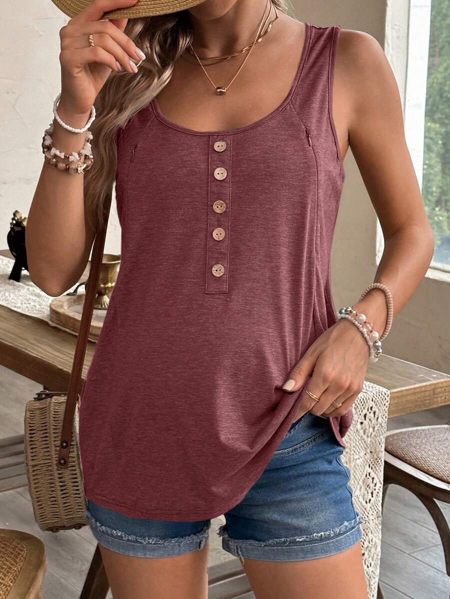 Maternity Solid Color Scoop Neck Sleeveless Nursing Top - Casual Summer Pullover