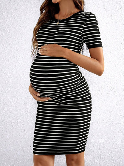 Maternity Striped Round Neck Short Sleeve Bodycon Dress Slim Fit Rib Knit Casual Mini Pencil Dress for Daily Wear