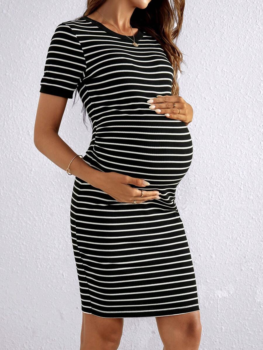 Maternity Striped Round Neck Short Sleeve Bodycon Dress Slim Fit Rib Knit Casual Mini Pencil Dress for Daily Wear