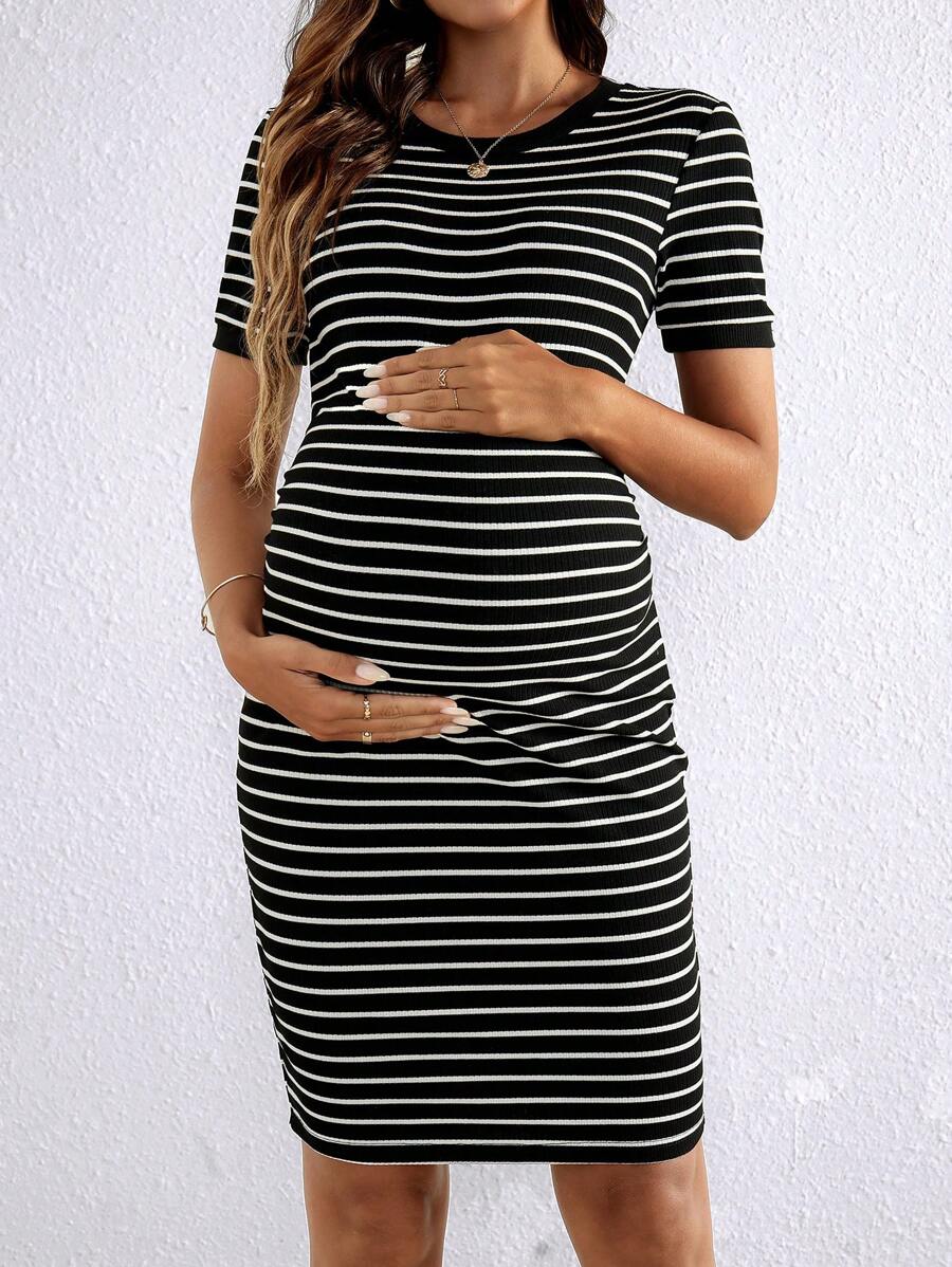 Maternity Striped Round Neck Short Sleeve Bodycon Dress Slim Fit Rib Knit Casual Mini Pencil Dress for Daily Wear