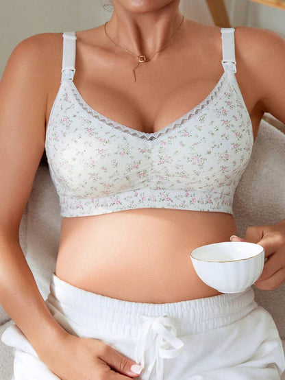 Maternity Lingerie Set - Ditsy Floral Detachable Casual Nursing Sleepwear, Bra and Panty