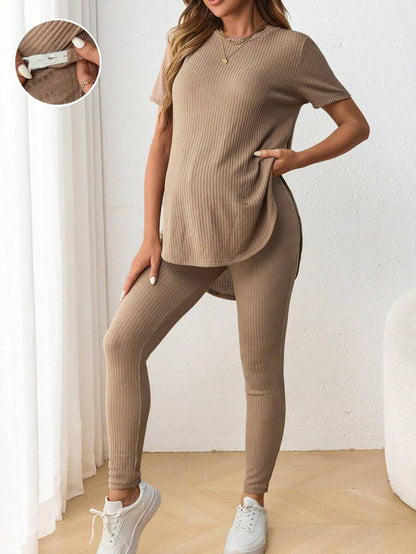 Navy Blue Maternity 2-Piece Set with Side Slit Short Sleeve Tee and Adjustable Waist Loose Legging Pants