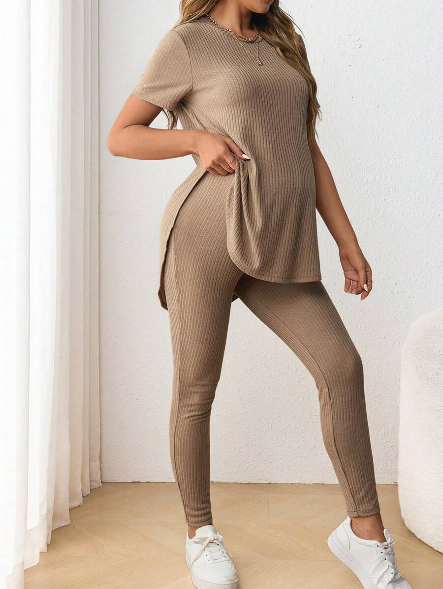 Navy Blue Maternity 2-Piece Set with Side Slit Short Sleeve Tee and Adjustable Waist Loose Legging Pants