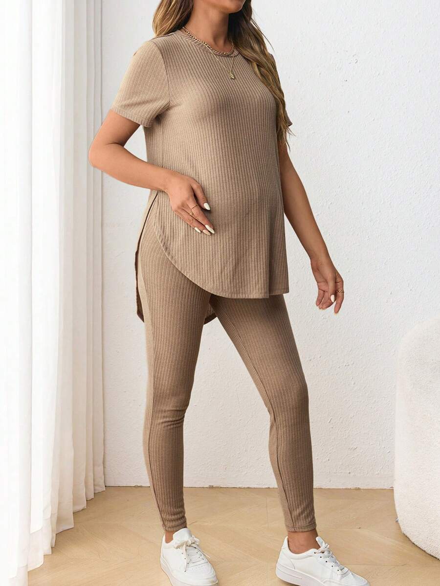 Navy Blue Maternity 2-Piece Set with Side Slit Short Sleeve Tee and Adjustable Waist Loose Legging Pants