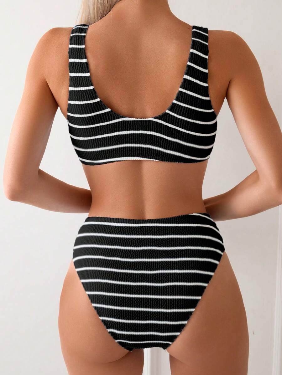 Swim Vcay Women's Summer Beach Striped Fashionable Bikini And Triangle Panty Swimwear Set, Women Vacation Outfit Sets, Beach Outfits For Woman 2 Piece