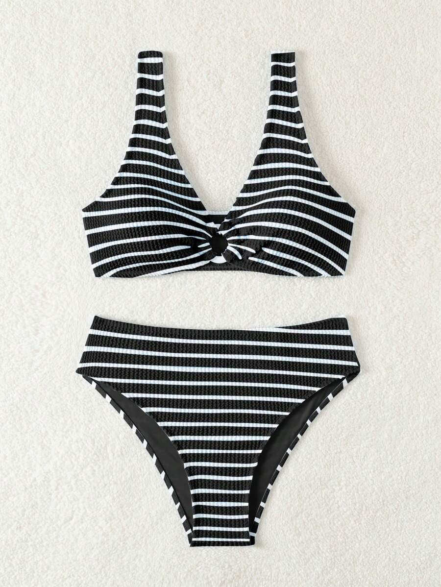 Women's 2-Piece Striped Bikini Set - V-Neck, High Waist, Knot Detail, Multicolor