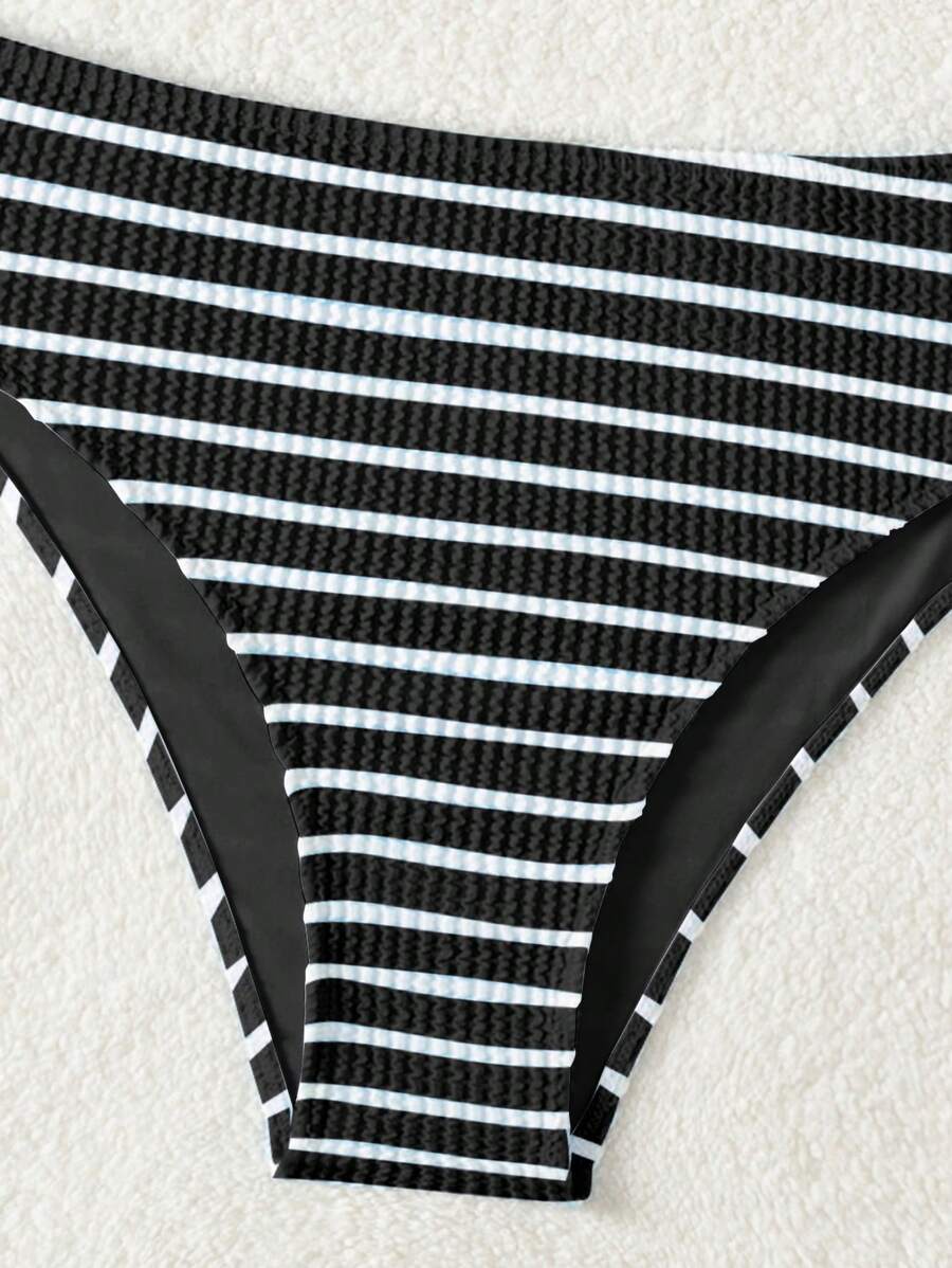 Women's 2-Piece Striped Bikini Set - V-Neck, High Waist, Knot Detail, Multicolor