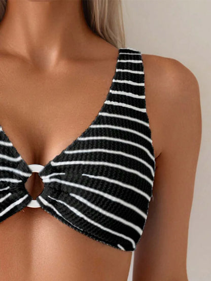 Women's 2-Piece Striped Bikini Set - V-Neck, High Waist, Knot Detail, Multicolor
