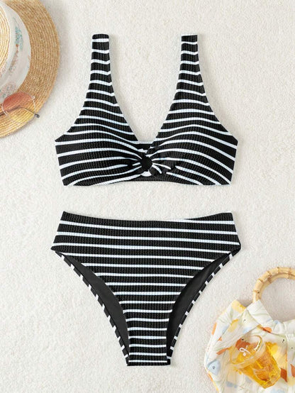 Women's 2-Piece Striped Bikini Set - V-Neck, High Waist, Knot Detail, Multicolor