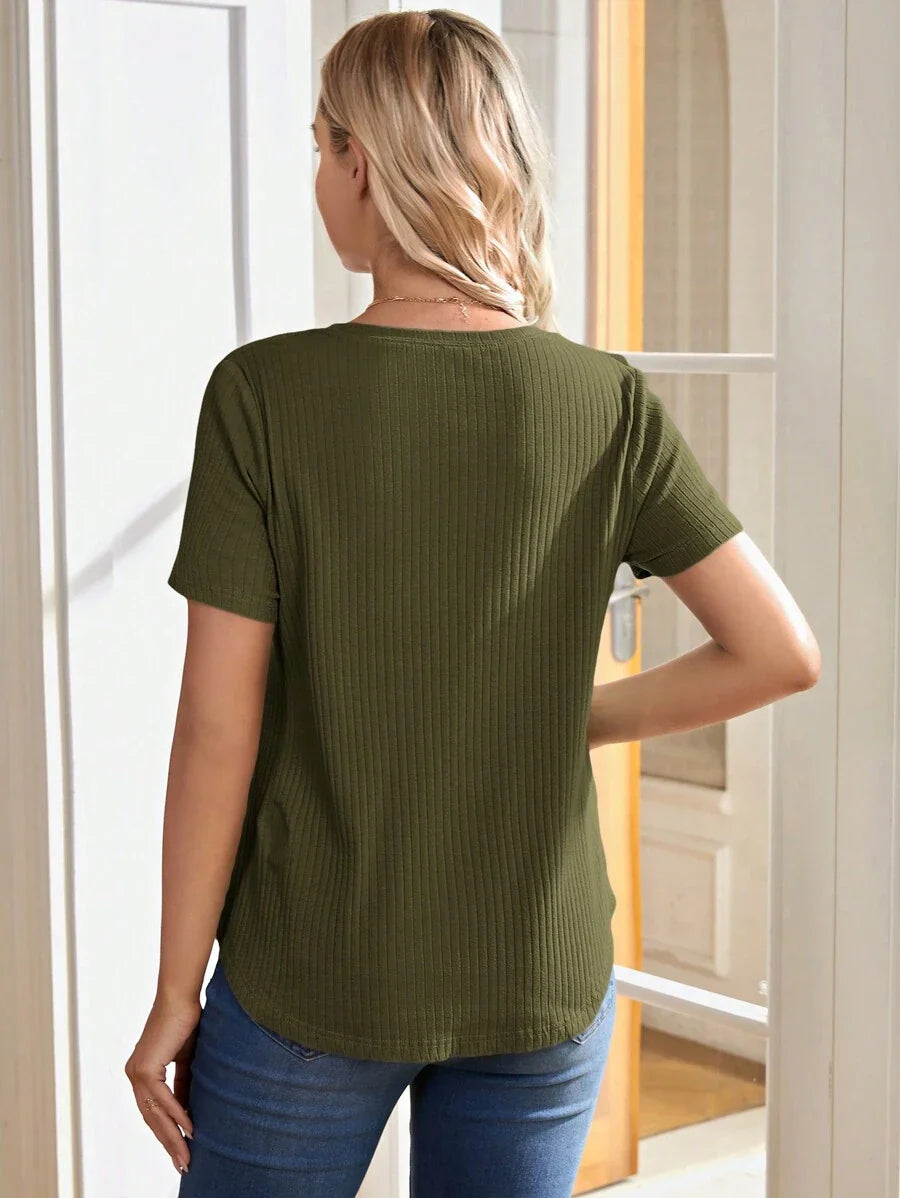 Maternity Nursing T-Shirt - Khaki Short Sleeve Round Neck Loose Fit Cotton Knitted Asymmetrical Long Casual Summer Top