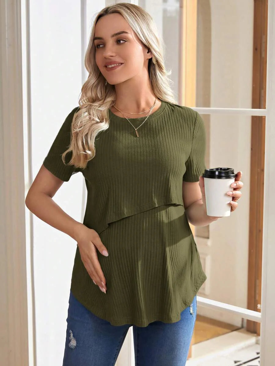 Maternity Nursing T-Shirt - Khaki Short Sleeve Round Neck Loose Fit Cotton Knitted Asymmetrical Long Casual Summer Top