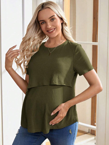 Maternity Nursing Top - Solid Color Round Neck Casual Short Sleeve Soft, Summer Breastfeeding