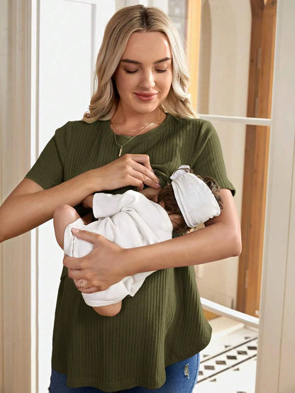 Maternity Nursing Top - Solid Color Round Neck Casual Short Sleeve Soft, Summer Breastfeeding