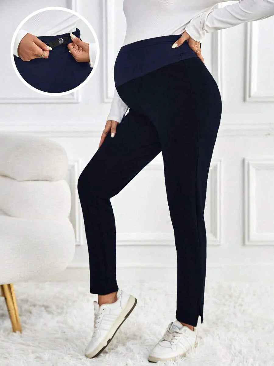Maternity Skinny Pants - Wide Waistband, Cropped, Slant Pocket, Black