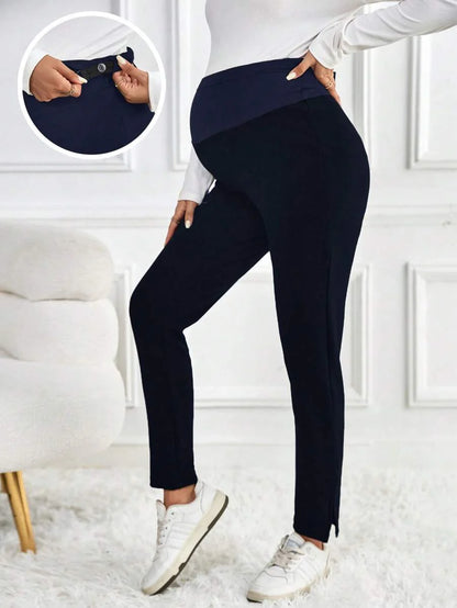 Maternity Skinny Pants - Wide Waistband, Cropped, Slant Pocket, Black