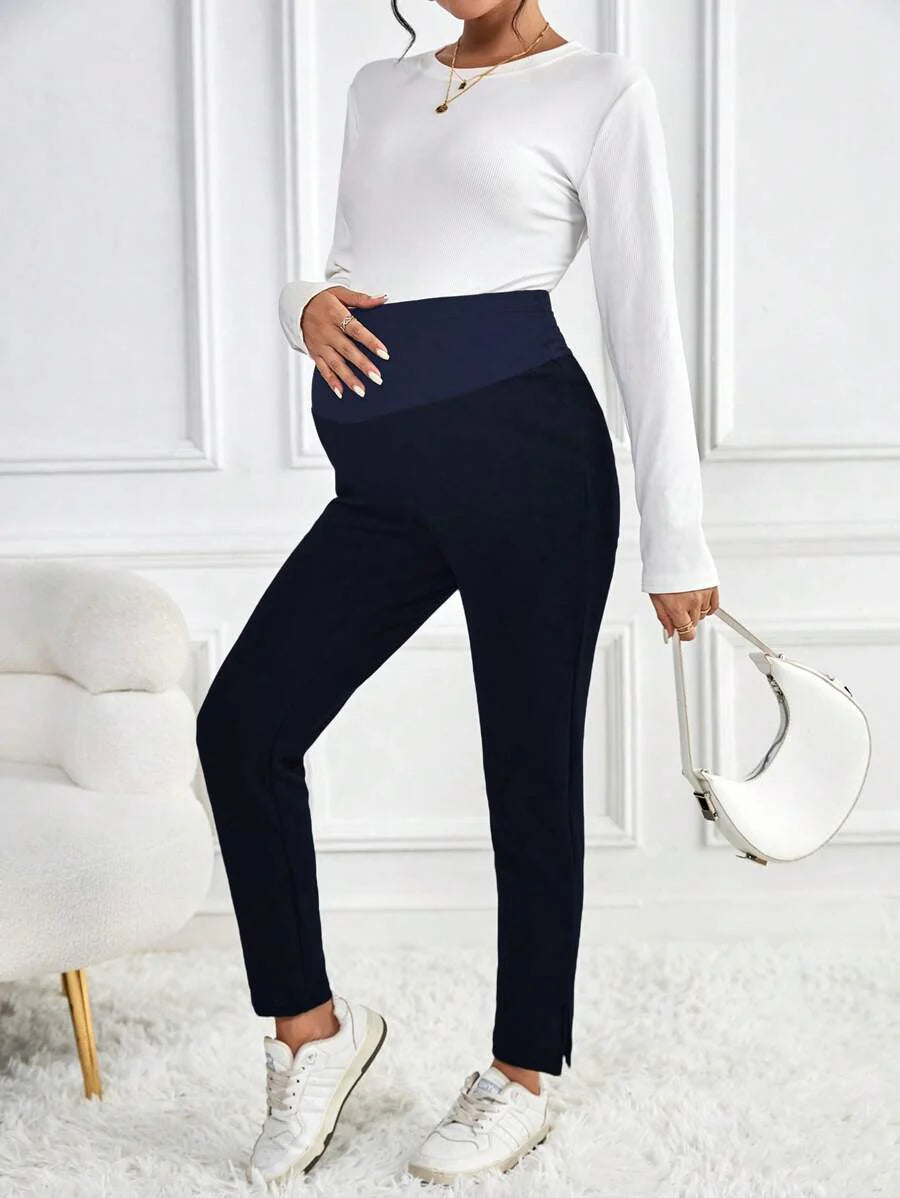 Maternity Skinny Pants - Wide Waistband, Cropped, Slant Pocket, Black