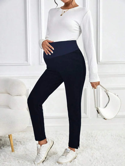 Maternity Skinny Pants - Wide Waistband, Cropped, Slant Pocket, Black