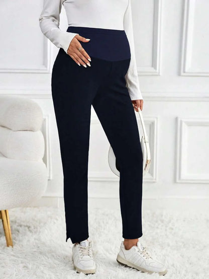 Maternity Skinny Pants - Wide Waistband, Cropped, Slant Pocket, Black