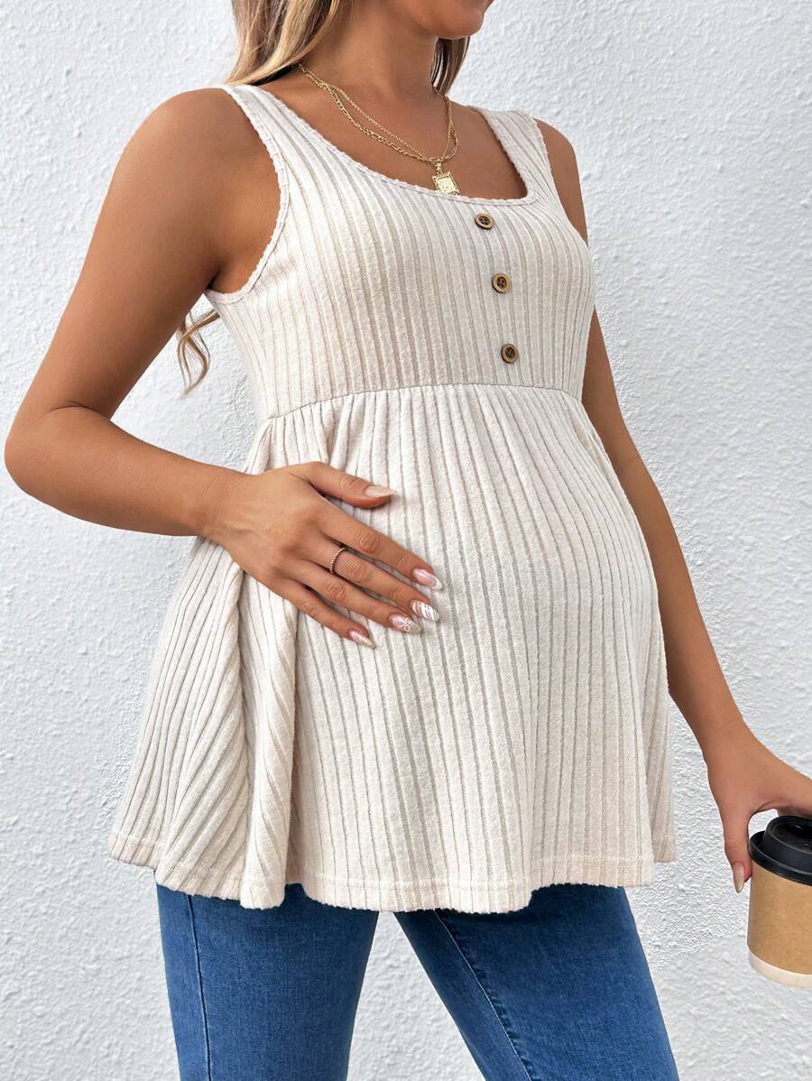 Hot Pink Scoop Neck Long Maternity Camisole - Button Detail Flared Hem Tank Top - Casual Slim Fit Streetwear Maternity Cami