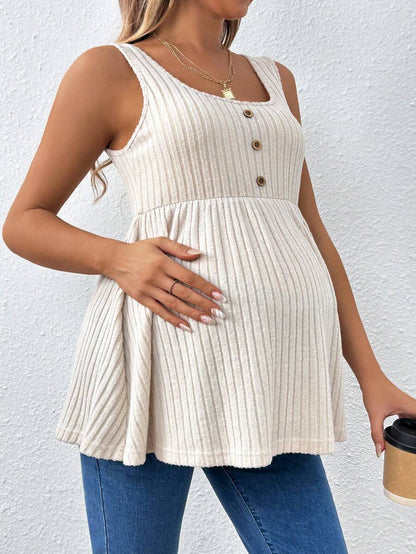 Hot Pink Scoop Neck Long Maternity Camisole - Button Detail Flared Hem Tank Top - Casual Slim Fit Streetwear Maternity Cami