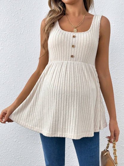 Hot Pink Scoop Neck Long Maternity Camisole - Button Detail Flared Hem Tank Top - Casual Slim Fit Streetwear Maternity Cami