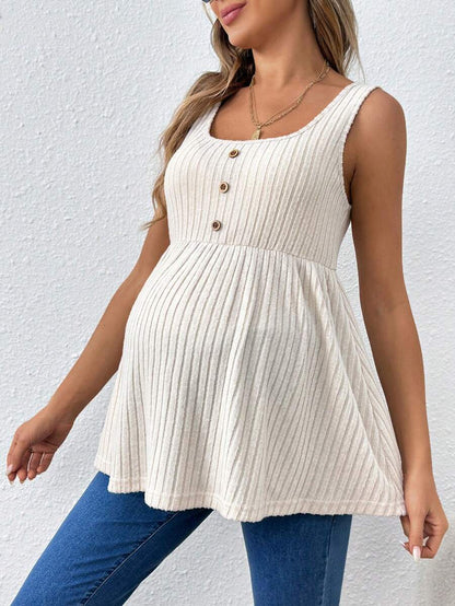 Hot Pink Scoop Neck Long Maternity Camisole - Button Detail Flared Hem Tank Top - Casual Slim Fit Streetwear Maternity Cami